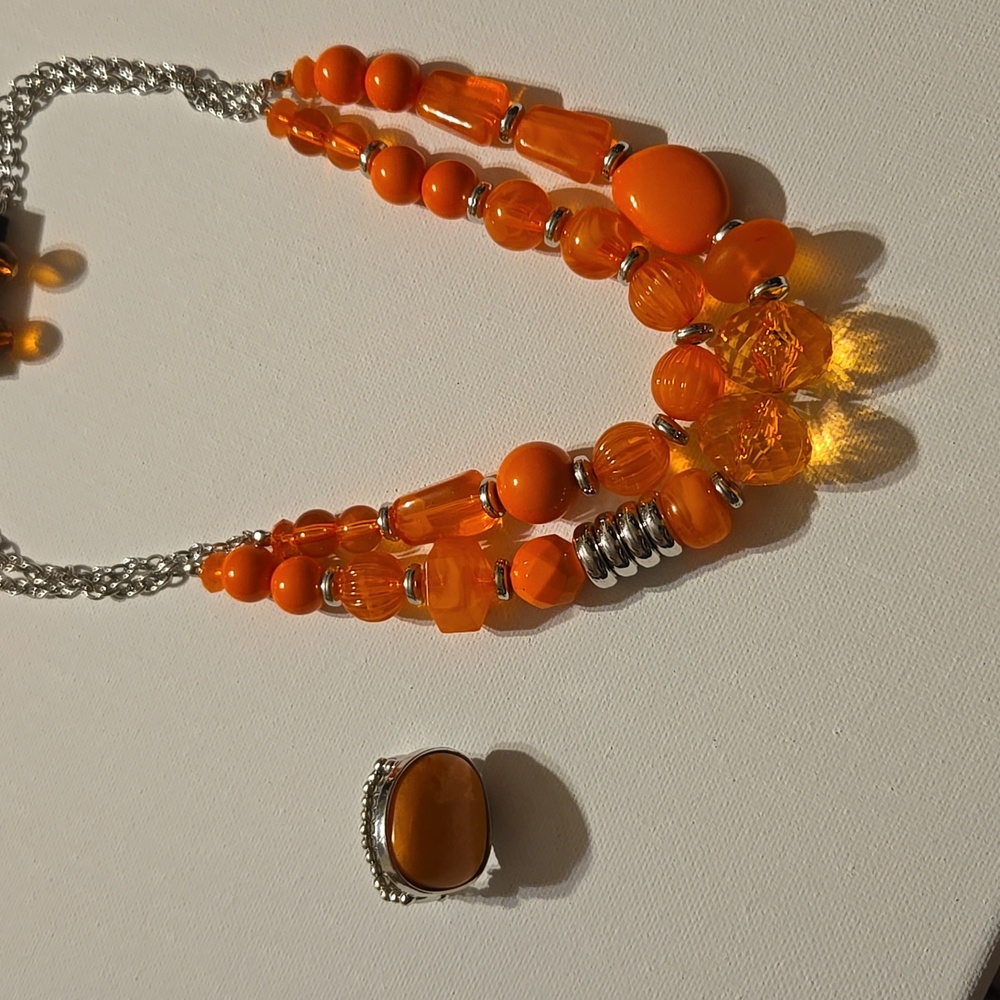 Orange Beaded Necklace and Ring Set